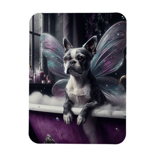 Magnet Flexible Cute Boston Terrier Fairy dans une baignoire viole (Vertical)