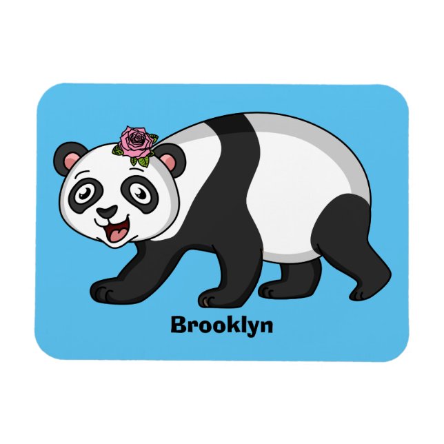 Magnet Flexible Cute happy panda bear with flower cartoon (Horizontal)