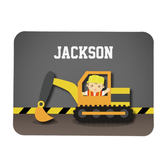 Magnet Flexible Cute Orange Excavator Construction Builder Garçon (Horizontal)