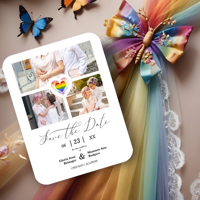 Magnet Flexible Cute Pride Rainbow Heart Lesbian Gay 3 Photos (Cute Pride Rainbow Heart Lesbian Gay 3 Photos Collage Save the Date Magnet Card.)