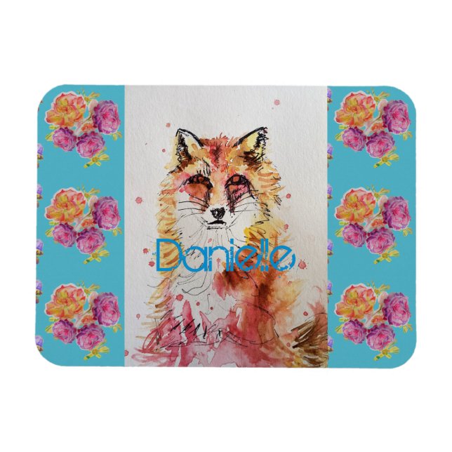 Magnet Flexible Cute Red Fox Animal Turquoise Rose Roses (Horizontal)
