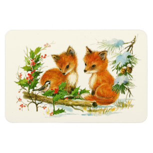 Magnet Flexible Cute Vintage Foxes Retro Christmas Scene