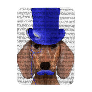 Magnet Flexible Dachshund avec chapeau bleu et moustache bleue