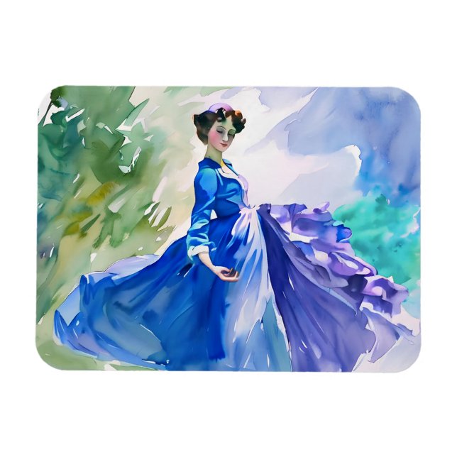 Magnet Flexible Dame en Robe Bleue - Peinture aquarelle (Horizontal)