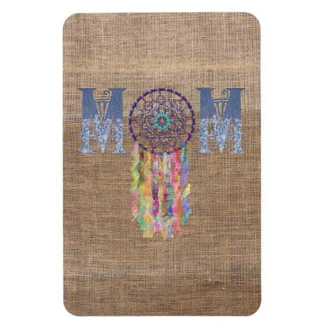 Magnet Flexible Denim Maman avec Lace Dreamcatcher sur Faux Burlap (Vertical)