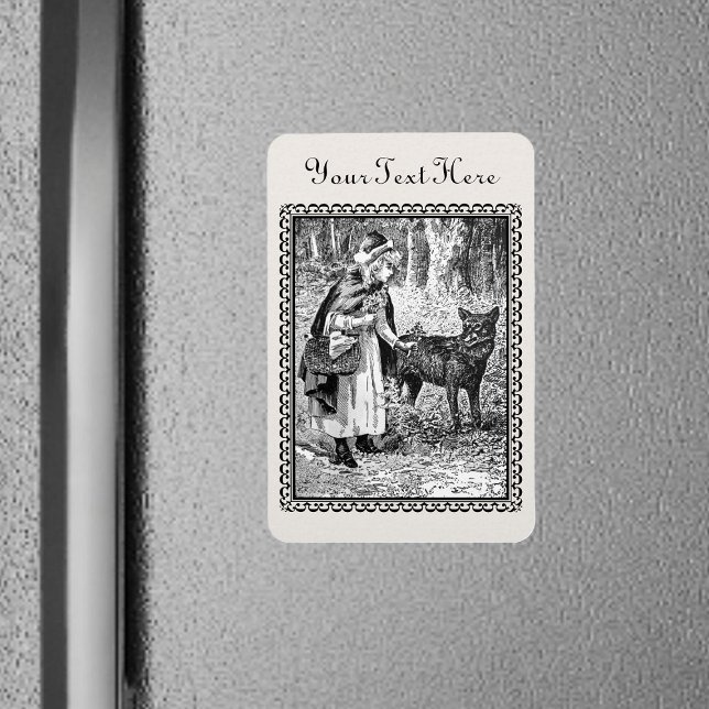 Magnet Flexible Dessin encadré Petit Chaperon Rouge Wolf Woods (Framed Black White Little Red Riding Hood in Forest with Wolf on rectangle magnet.)