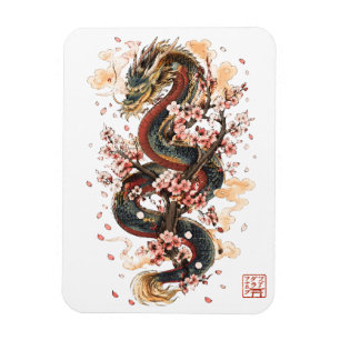 Magnet Flexible Dragon Japonais avec Fleurs de Cerisier Mythe Sa