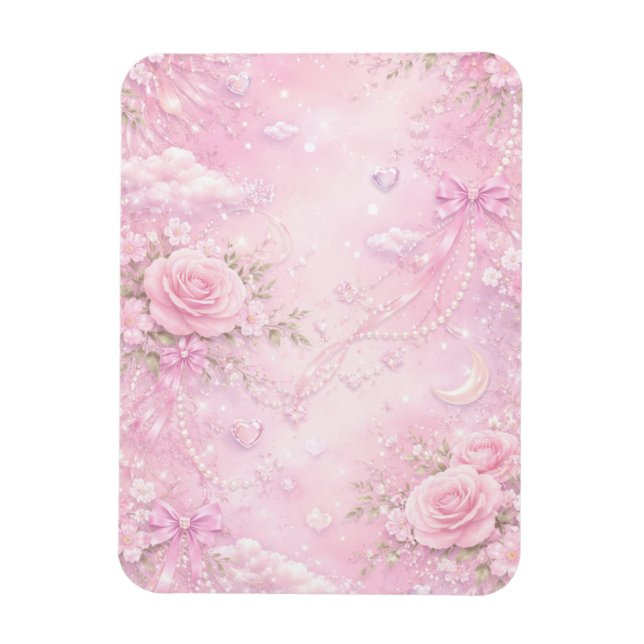 Magnet Flexible Dreamy Pink Rose Floral Pattern Pearls Bows Sparks (Vertical)