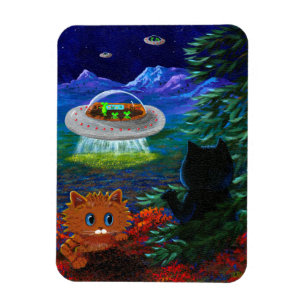 Magnet Flexible Drôle Chat noir UFO Tabby Chat Soucoupe volante