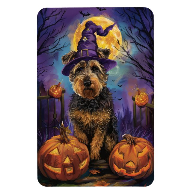 Magnet Flexible Éffrayant Airedale Halloween sorcière et Citrouill (Vertical)