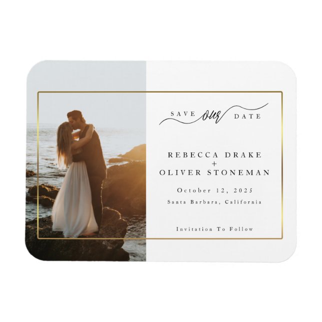 Magnet Flexible Elégant Cadre Or Photo Mariage Enregistrer La Date (Horizontal)