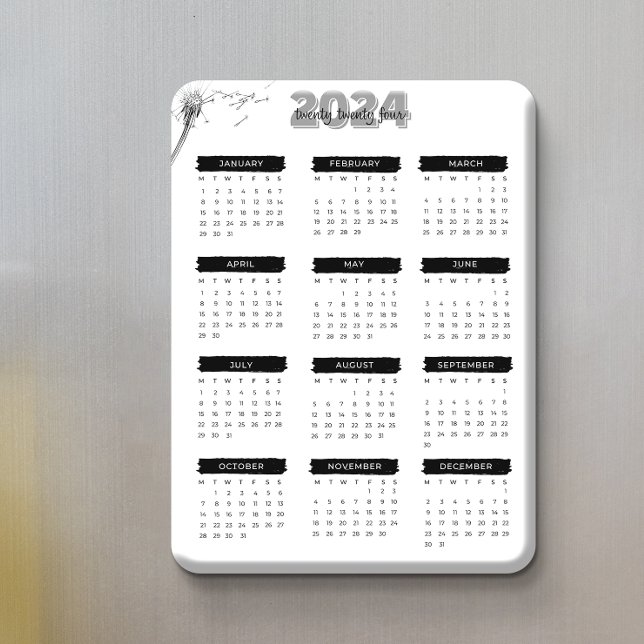 Magnet Flexible Élégant Calendrier 2024 Moderne noir et blanc (Modern Elegant 2024 Calendar Black And White Magnet)