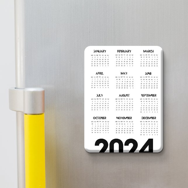 Magnet Flexible Élégant Calendrier 2024 Moderne noir et blanc (Modern Elegant 2024 Calendar Black And White Magnet)