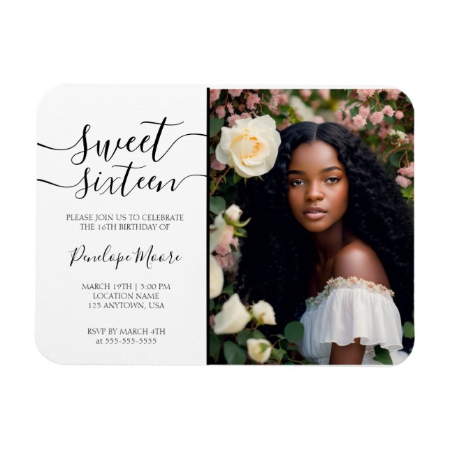 Magnet Flexible Élégant noir Script Sweet 16 Anniversaire Photo (Horizontal)