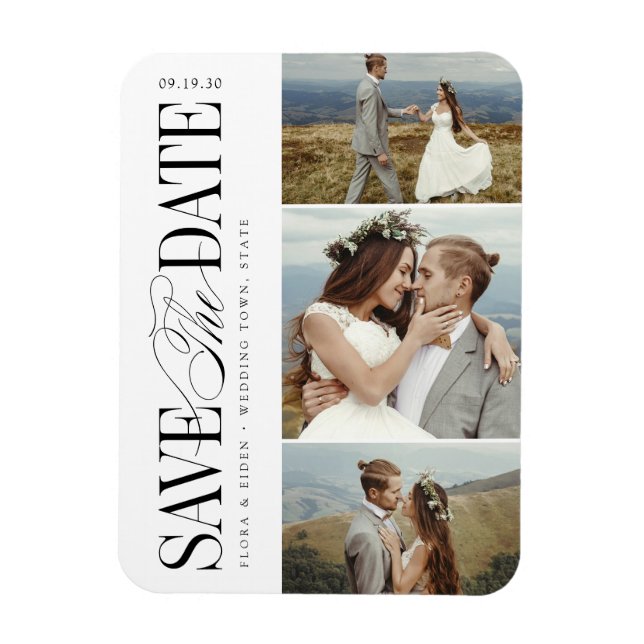 Magnet Flexible Elegant Timeless Typography 3 Photo Save The Date (Vertical)