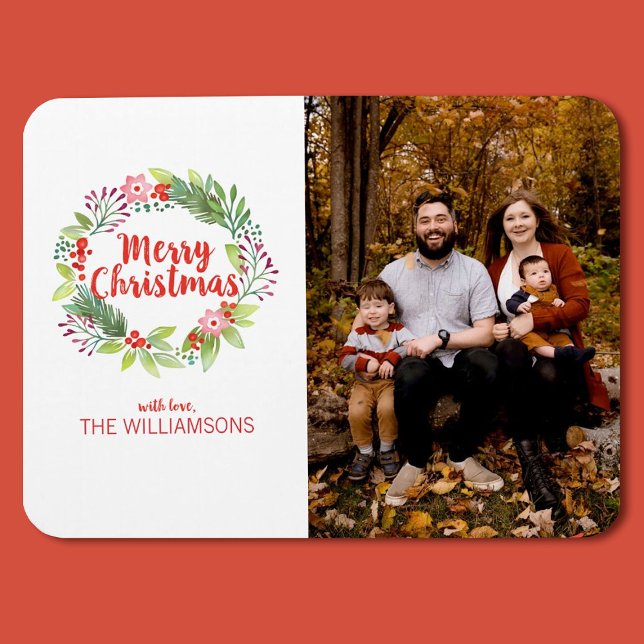 Magnet Flexible Elégante aquarelle de Noël Wreath Photo Holiday (a pretty Christmas watercolor wreath photo magnet)