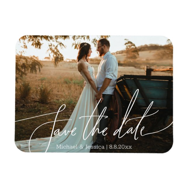 Magnet Flexible enregistrer la date, blanc écriture mariage photo (Horizontal)