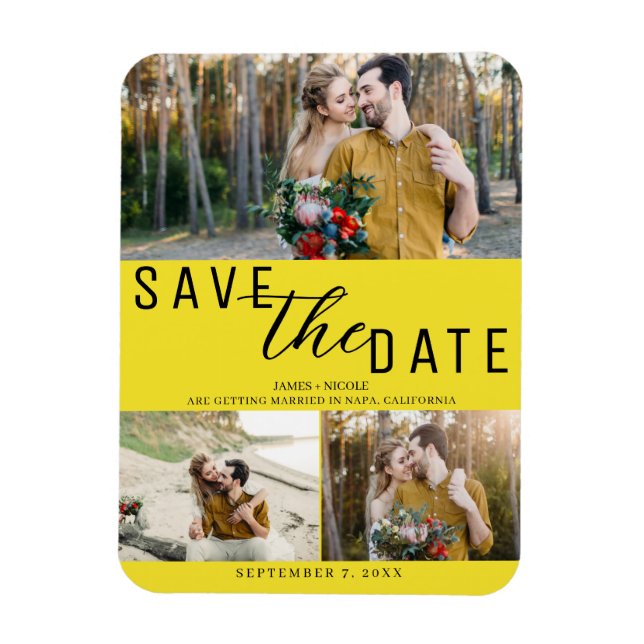 Magnet Flexible Enregistrer la date de mariage jaune vif 3 Photos (Vertical)