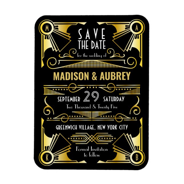 Magnet Flexible Enregistrer la date Gatsby Mariage Art Déco Gold N (Vertical)