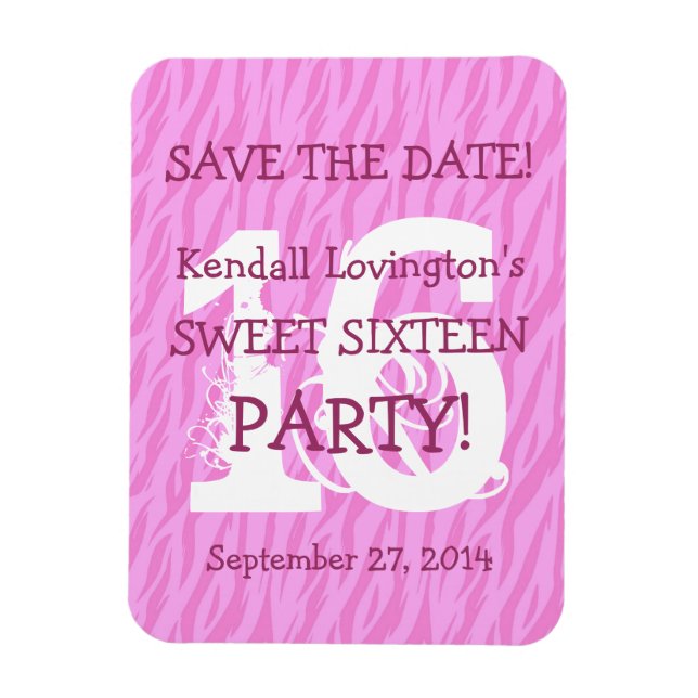 Magnet Flexible Enregistrer la date Sweet 16 Zebra Anniversaire Cé (Vertical)