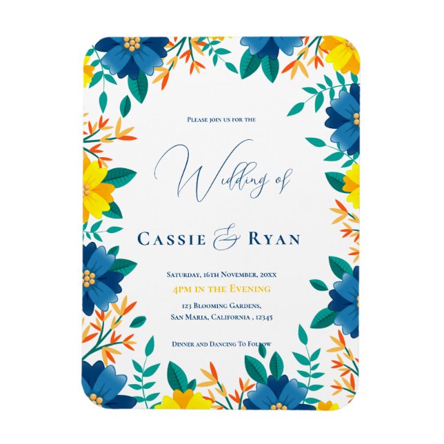 Magnet Flexible Faire-part de mariage floral bleu et jaune chic (Vertical)