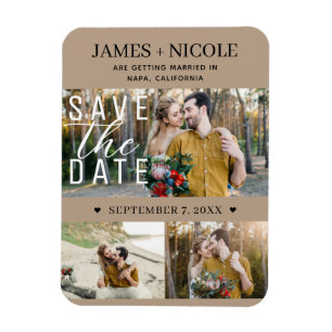 Magnet Flexible Faire part de mariage moderne beige avec 3 photos