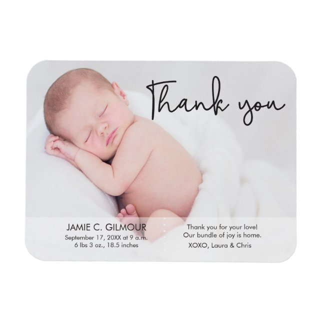 Magnet Flexible Faire-part de naissance bébé, script Merci (Horizontal)