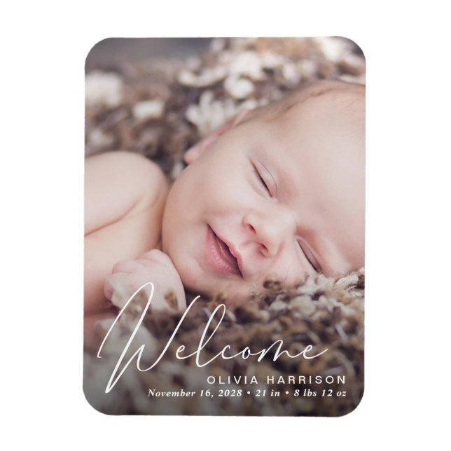 Magnet Flexible Faire-part de naissance de script blanc de la phot (Vertical)
