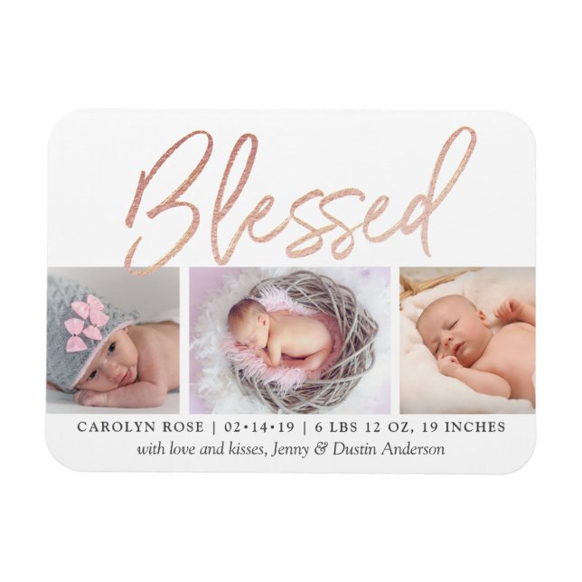 Magnet Flexible faire-part de naissance photo Gold Foil Rose "béni (Horizontal)