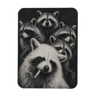 Magnet Flexible Famille de ratons laveurs vintage noir et blanc