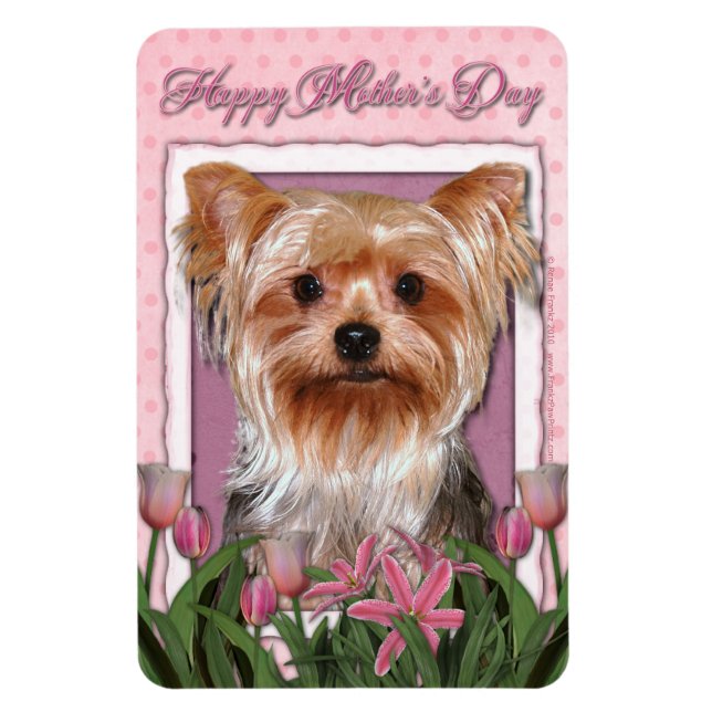 Magnet Flexible Fête des mères - Tulipes roses - Yorkshire Terrier (Vertical)