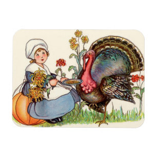 Magnet Flexible fille et dinde, action de grâces vintage