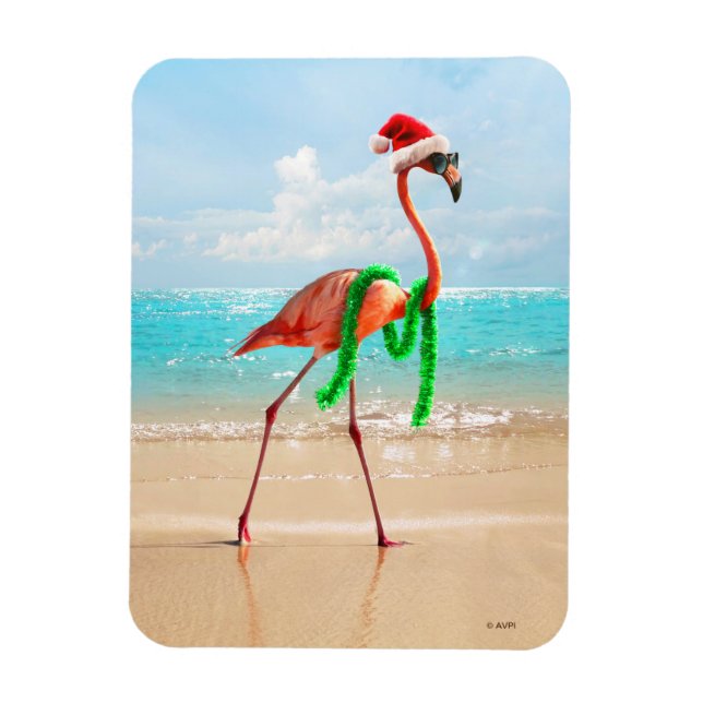 Magnet Flexible Flamant rose de Noël sur la plage (Vertical)