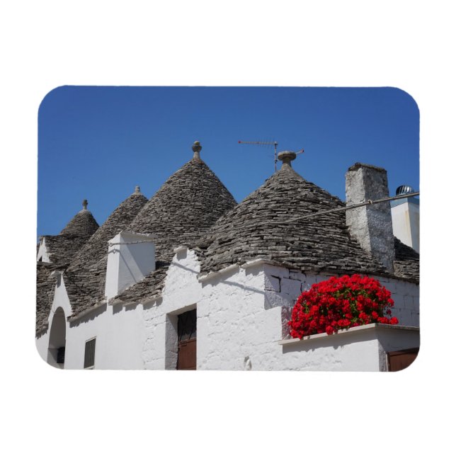 Magnet Flexible Fleurs de géranium et maisons de trulli à Alberobe (Horizontal)