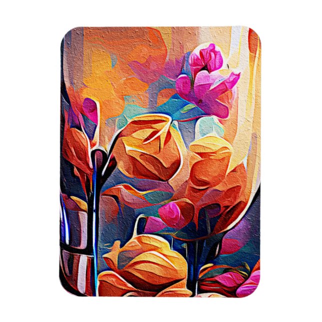 Magnet Flexible Floral Abstract Art Orange Red Blue Flowers (Vertical)