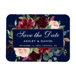 Magnet Flexible Floral Bleu Bourgogne Or Enregistrer La Date