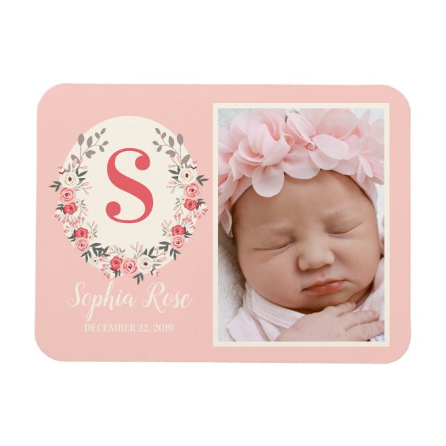 Magnet Flexible Floral Monogramme bébé fille Faire-part rose pâle (Horizontal)