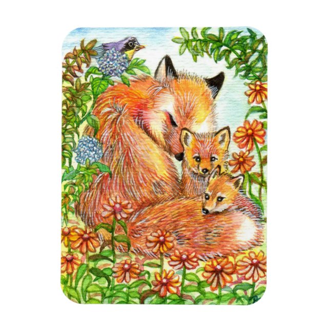 Magnet Flexible Foxes S'Étournant Dans Un Patch De Fleur (Vertical)