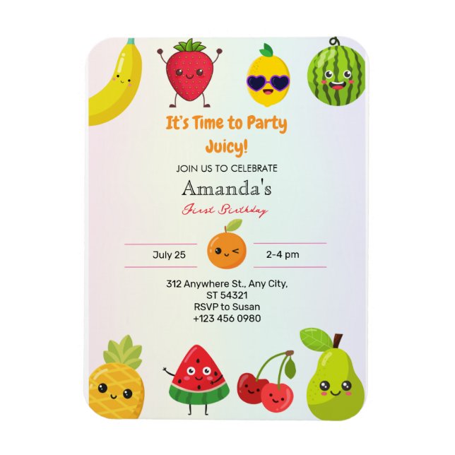 Magnet Flexible Fruits mignons Invitation d'anniversaire (Vertical)