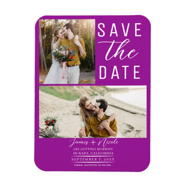 Magnet Flexible Fuchsia Pink 2 Photos Enregistrer la date Mariage (Vertical)