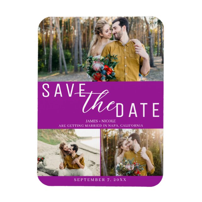 Magnet Flexible Fuchsia rose Enregistrer la date Mariage 3 photos (Vertical)