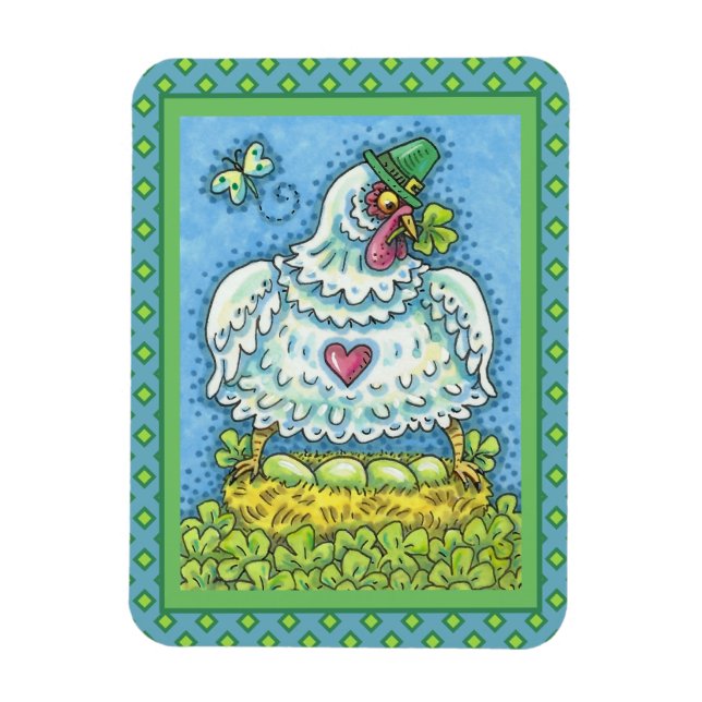 MAGNET FLEXIBLE FUNNY IRISH HEN, OEUFS VERTS ET SHAMROCK CUIT (Vertical)