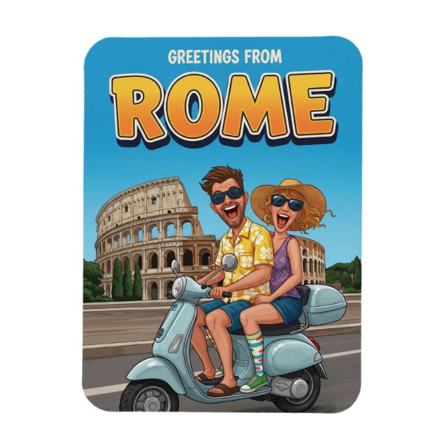 Magnet Flexible Funny Tourists on Vespa in Rome Italy Postcard (Vertical)