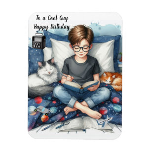 Magnet Flexible Garçon lisant des livres avec des chats Anniversai