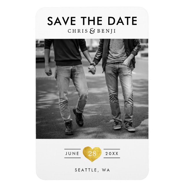 Magnet Flexible Gold Heart LGBTQ Enregistrer la date avec la photo (Vertical)