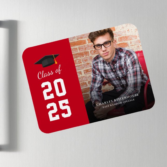 Magnet Flexible Graduation 2025 Photo Red White Grad Faire-part (Graduation Photo Announcement Magnet Card.)