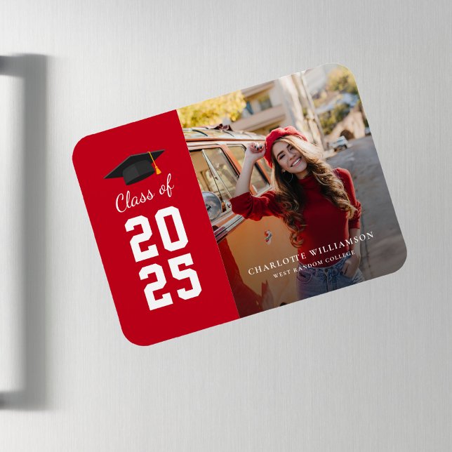 Magnet Flexible Graduation Moderne 2025 Rouge Blanc Grad Photo (Graduation 2025 Photo Party Red White Announcement Magnet)