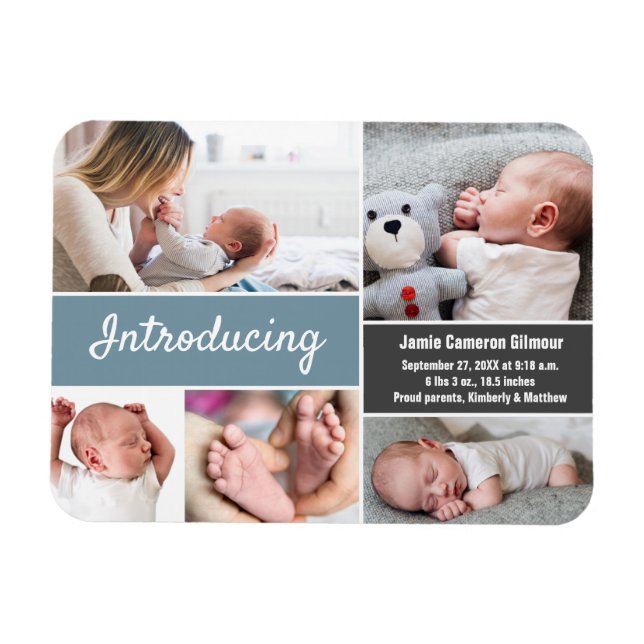 Magnet Flexible gris bleu Introduction bébé garçon photo collage (Horizontal)