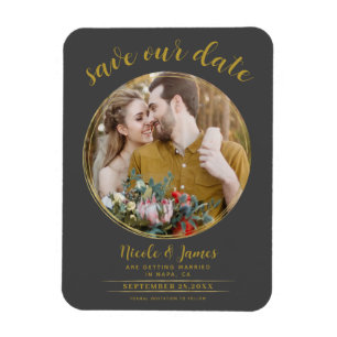 Magnet Flexible Gris & Or photo ronde moderne Enregistrer la date