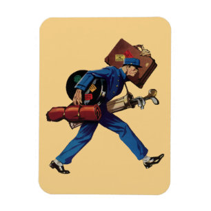 Magnet Flexible Groom d'étage vintage en uniforme, valise et club 